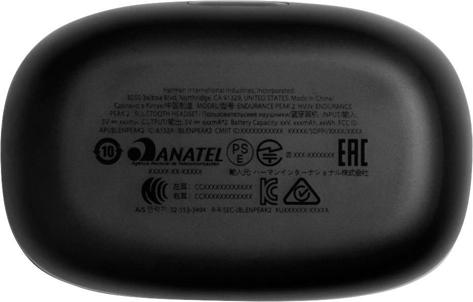 Black enclosure with multiple certification logos and serial number for a technical device, likely a charging case.