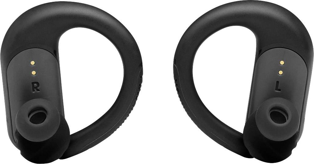 Black, wireless earphone headphones, each marked with 'R' and 'L' for right and left ears.