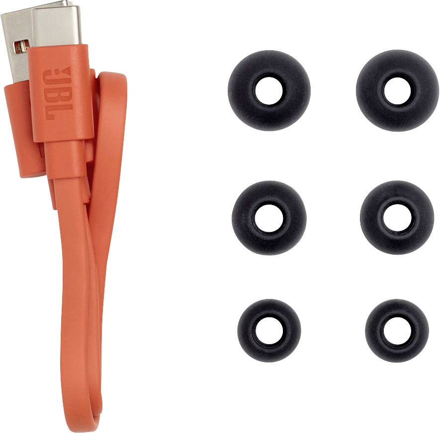 An orange USB cable and six black ear adapters of different sizes.