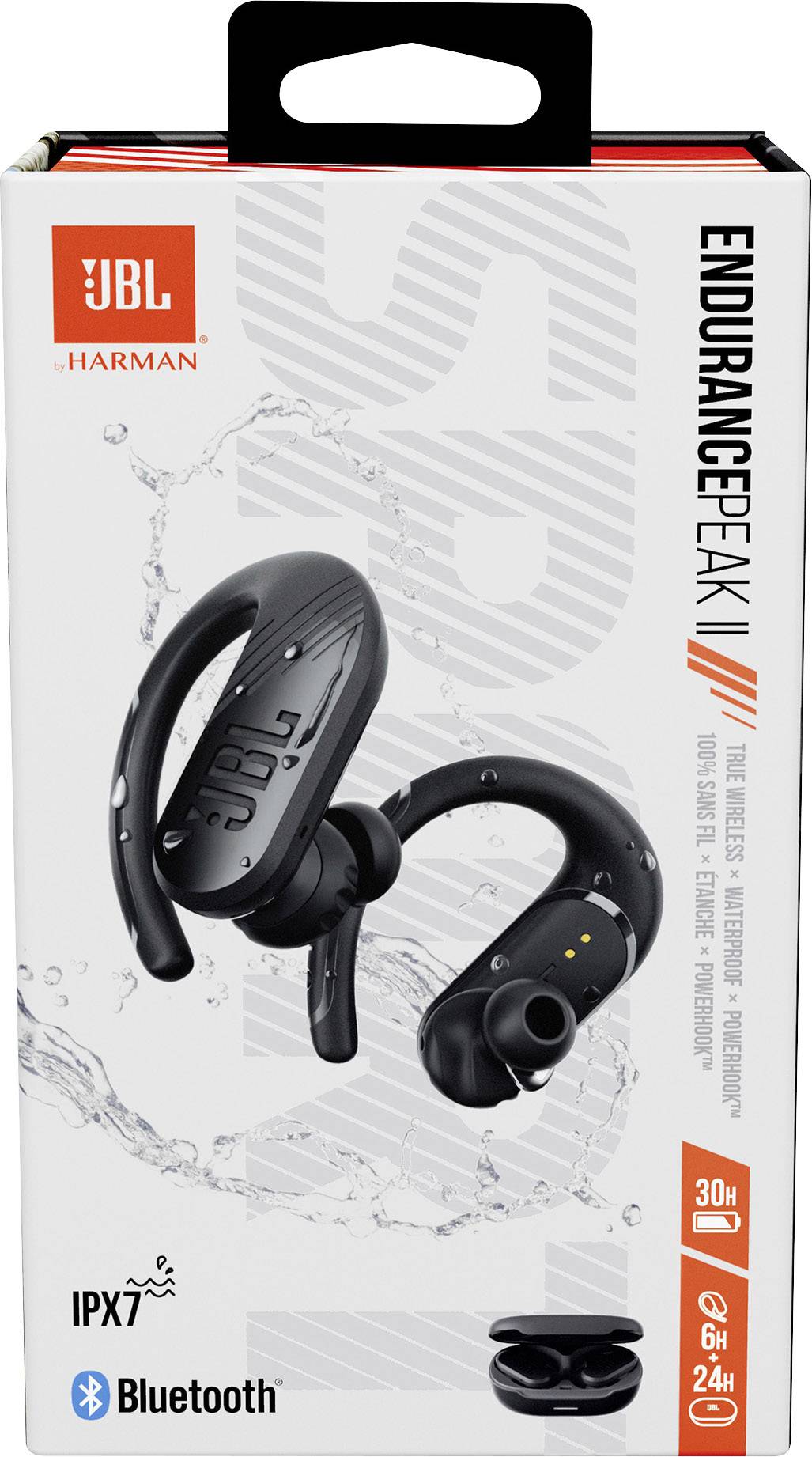 Packaging for the 'JBL Endurance Peak II' earphones with waterproof design, Bluetooth connectivity, and 30-hour battery life.