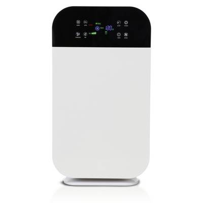 A white air purifier with a black control panel and display. The display shows various symbols and numbers indicating air quality and settings.