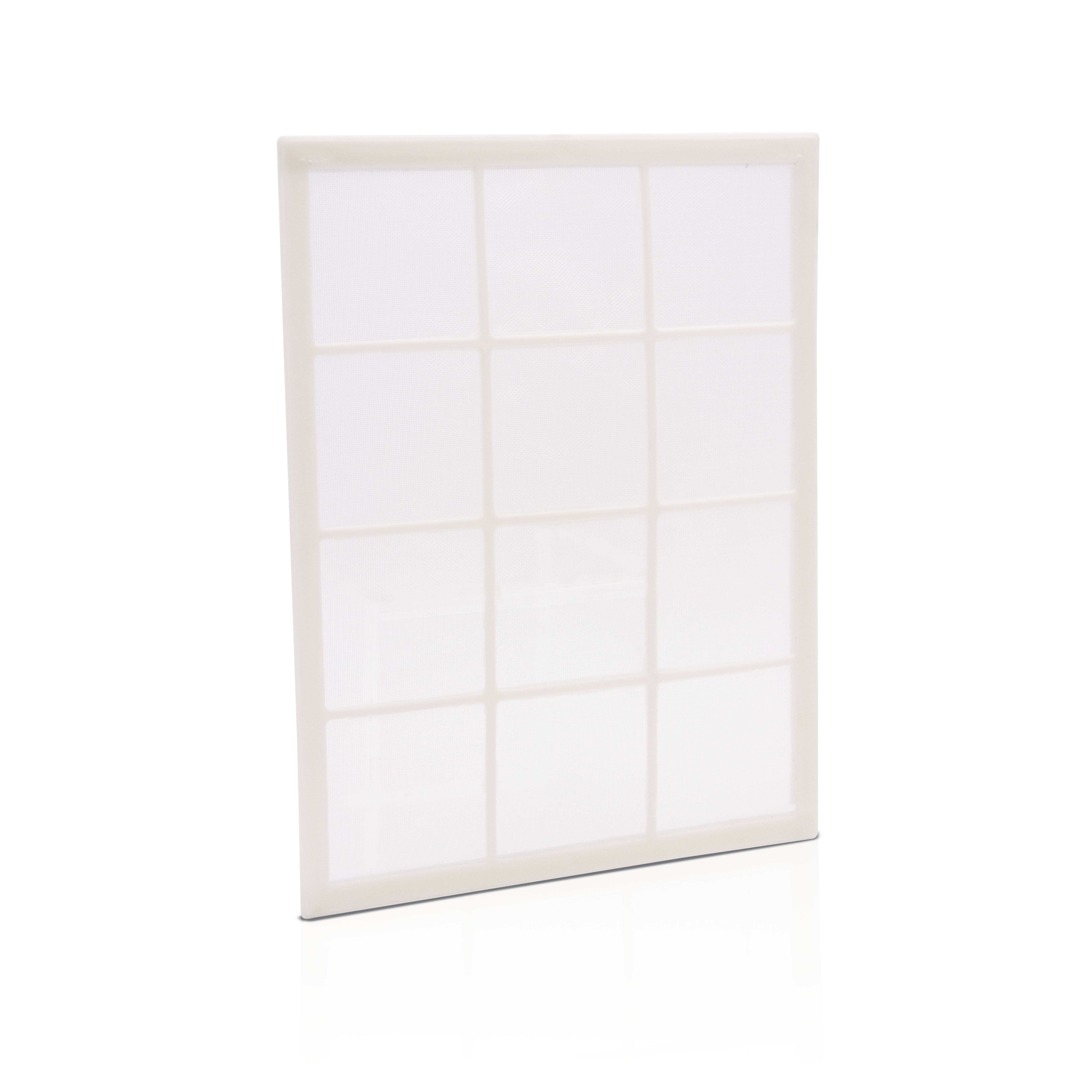 A white rectangular filter with a square pattern, standing upright. It has twelve visible sections and is translucent.