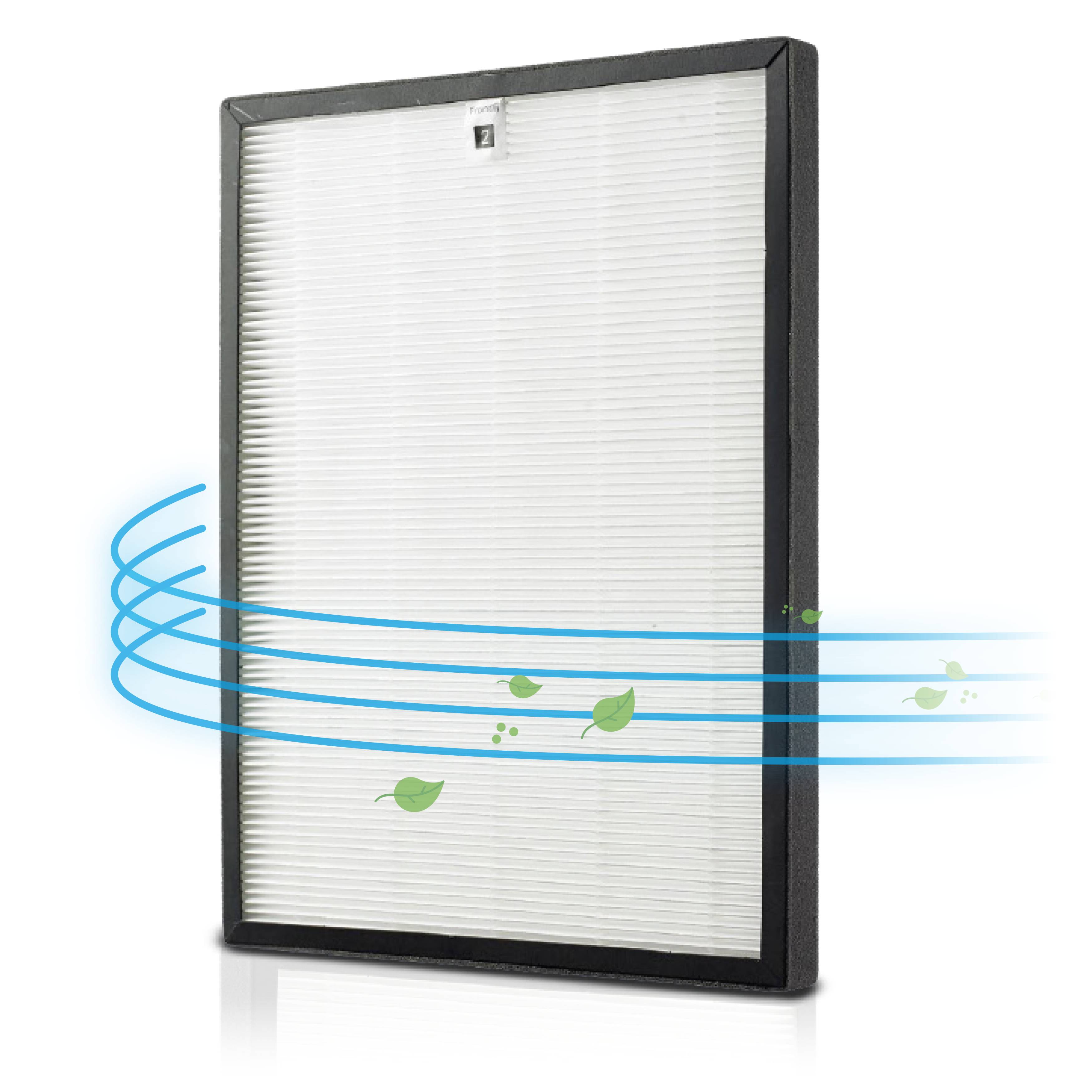 A rectangular air filter with a black frame. Blue air lines and green leaves indicate fresh air circulation.