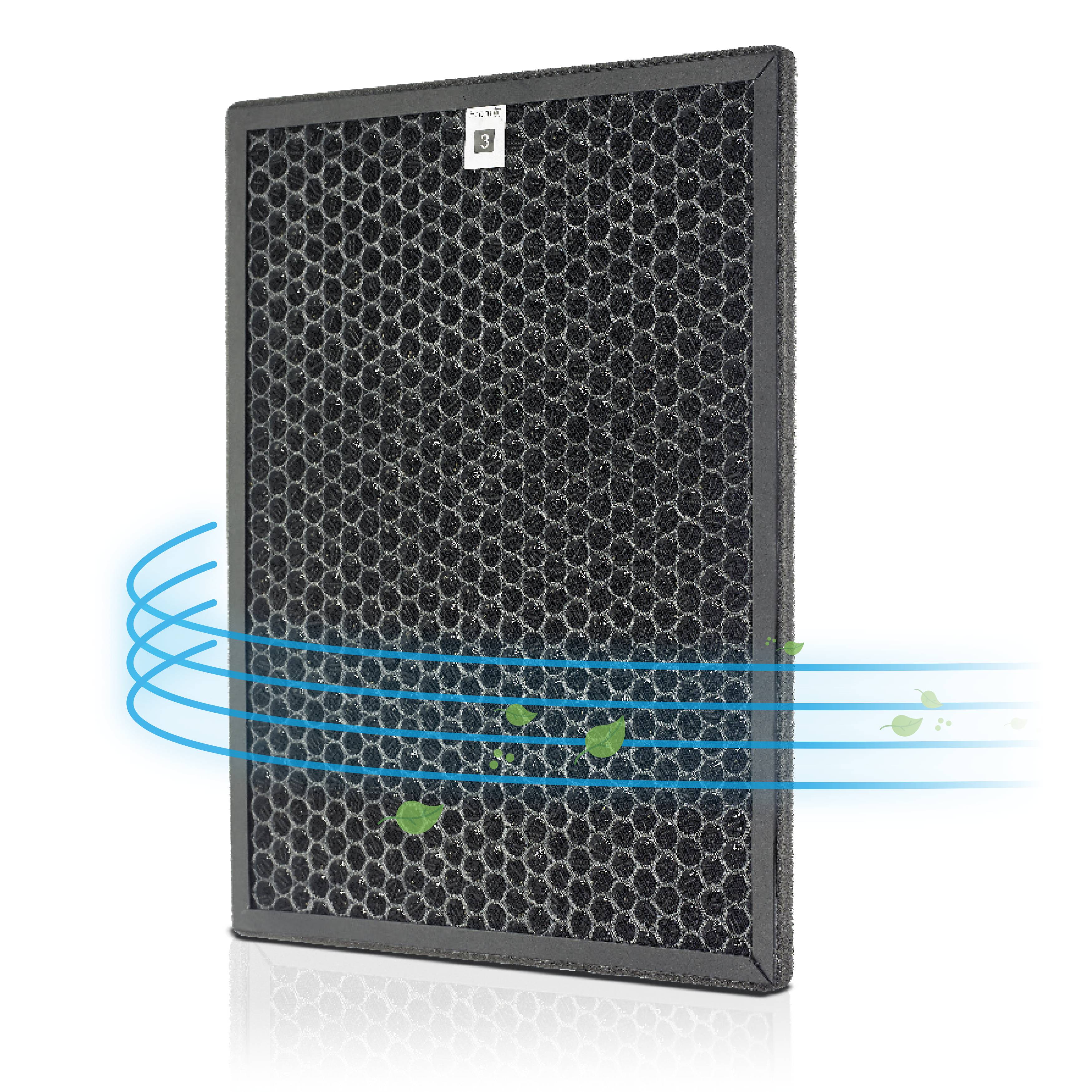 Air purifier filter with a honeycomb structure. Blue lines and leaves symbolise clean air.