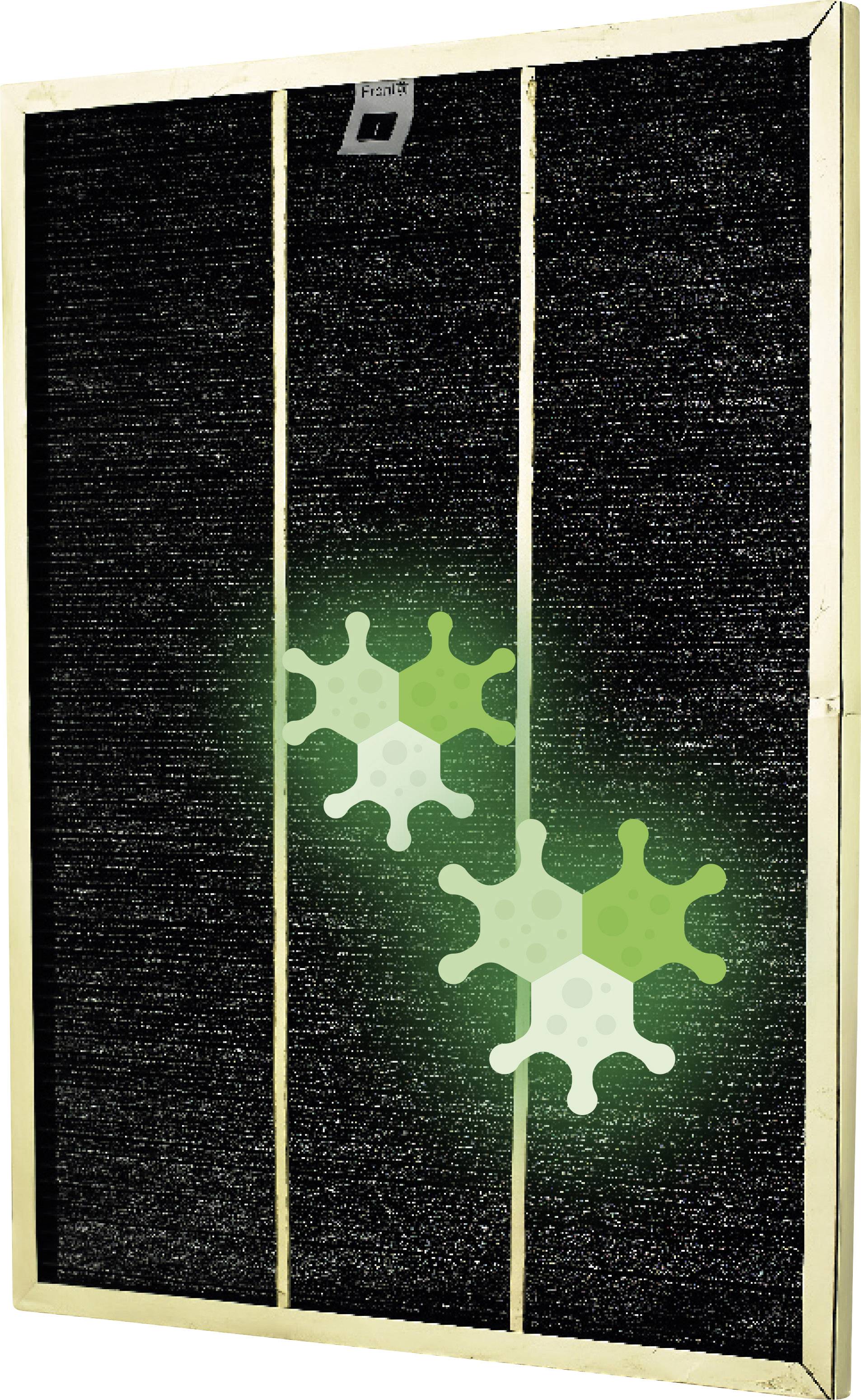 A black air filter with two vertical, golden stripes. Two green, hexagonal symbols are visible on the filter.