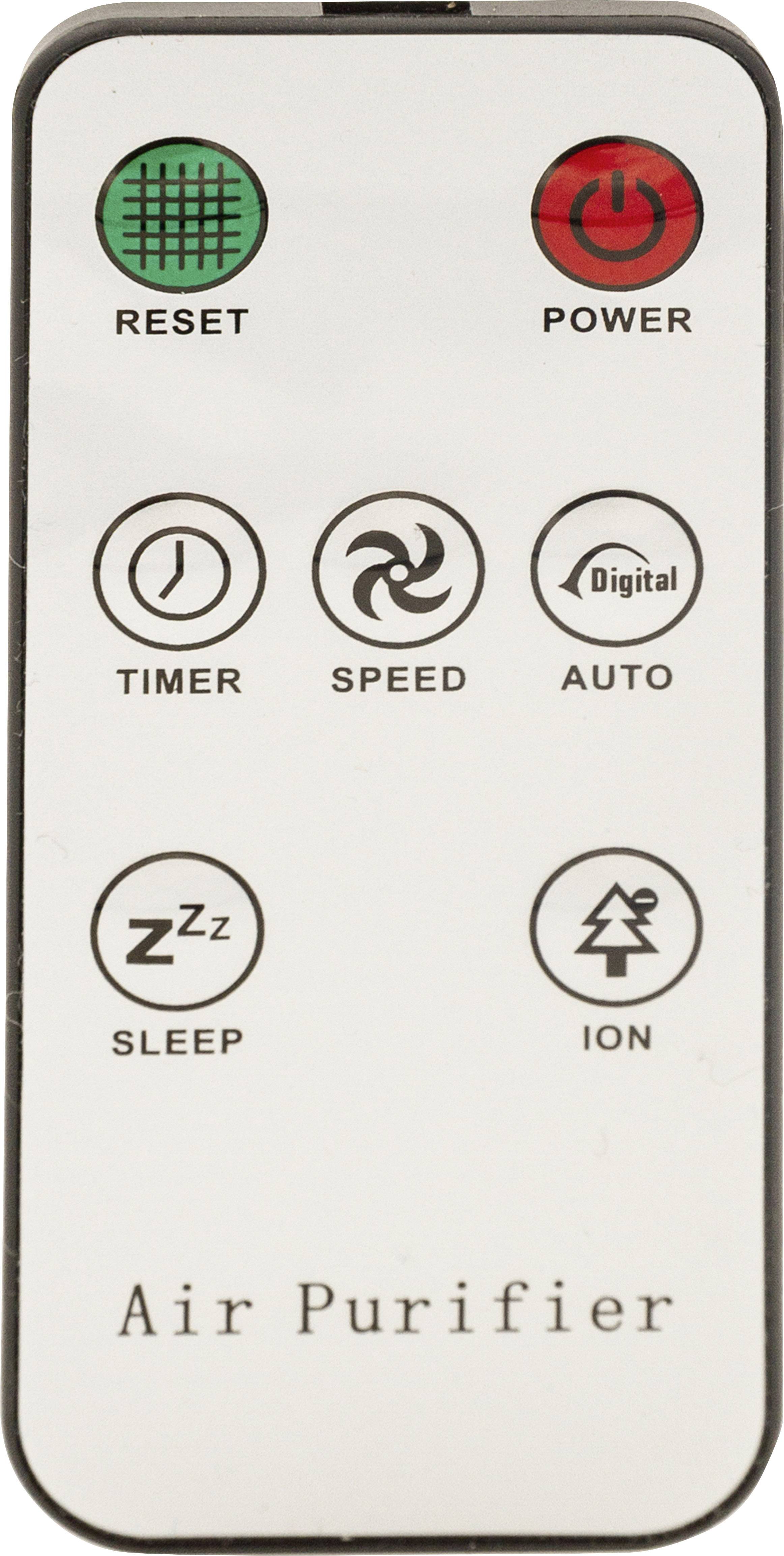 Remote control for an air purifier with buttons for 'Reset', 'Power', 'Timer', 'Speed', 'Auto', 'Sleep' and 'Ion'.