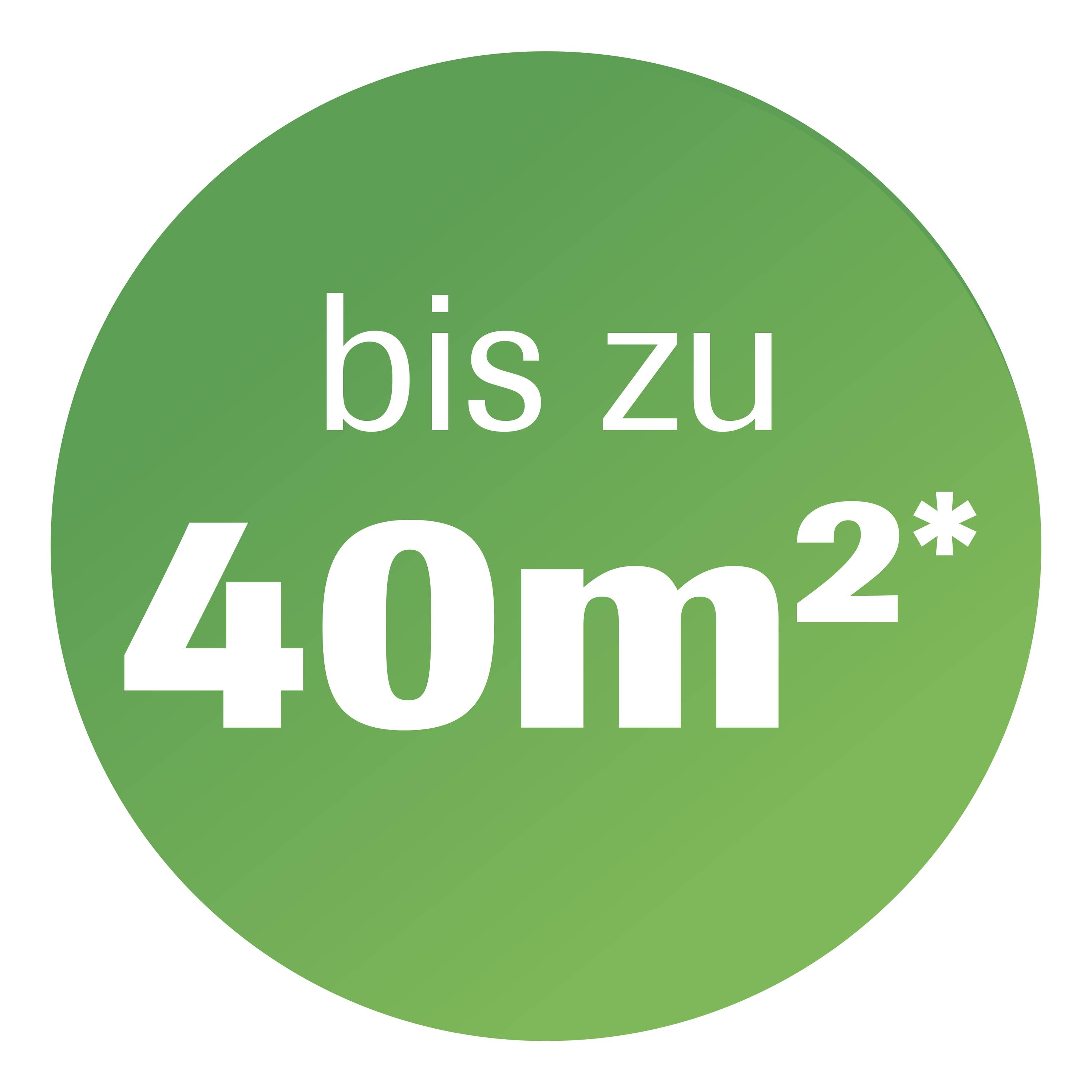 Green circle with white text 'up to 40m²*' on it.