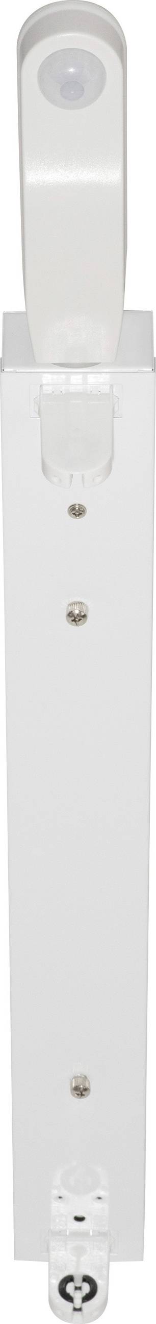 White electrical energy column with socket at the top and cable management at the bottom, for power supply in offices or workshops.