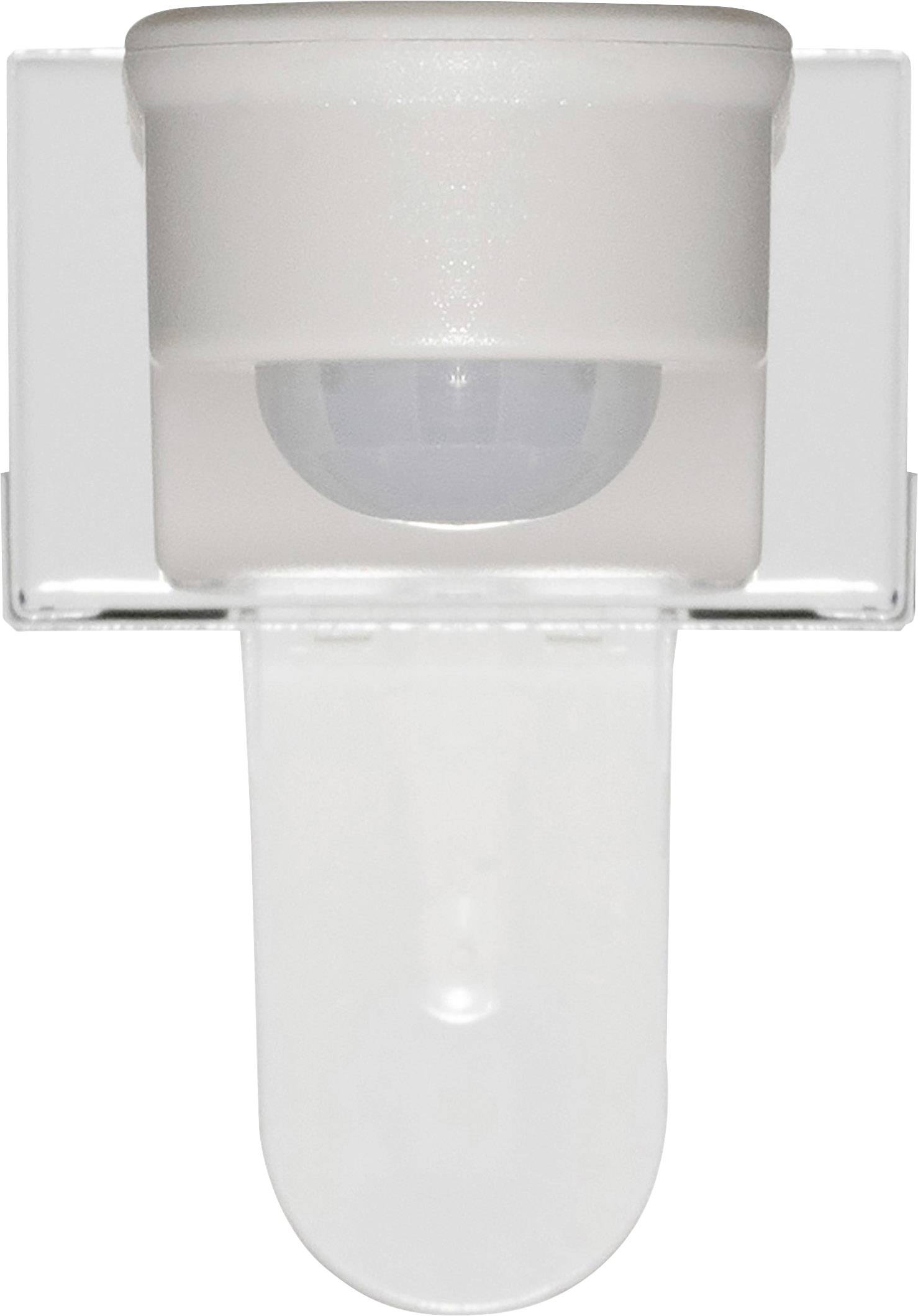 Motion sensor with white casing for automatic light control, suitable for indoor and outdoor areas.