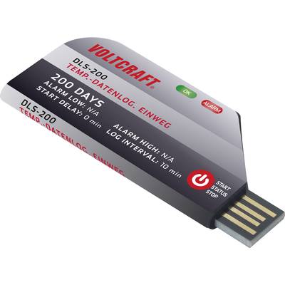 Electronic device 'Voltcraft DLS-200', a USB temperature data logger for 200 days of recording, showing status LEDs and plug button.