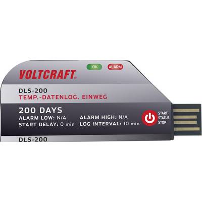 A Voltcraft USB temperature data logger, model DLS-200, single-use, for temperature monitoring over 200 days.