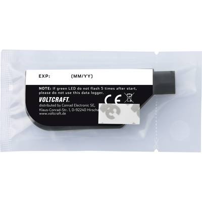 Black Volcraft data logger device with a label displaying an expiry date 'EXP: (MM/YY)' and instructions for LED flash messages.