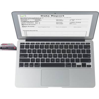 A laptop displays a 'Data Report' with data on measurements and events. To its left is an RFID sensor in a card design.
