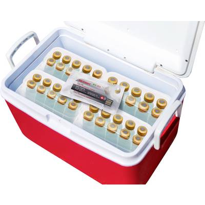 Cool box with 36 ampoules and a pack of 'Alacare' on ice blocks, opened. Care product or medication, ready for use.
