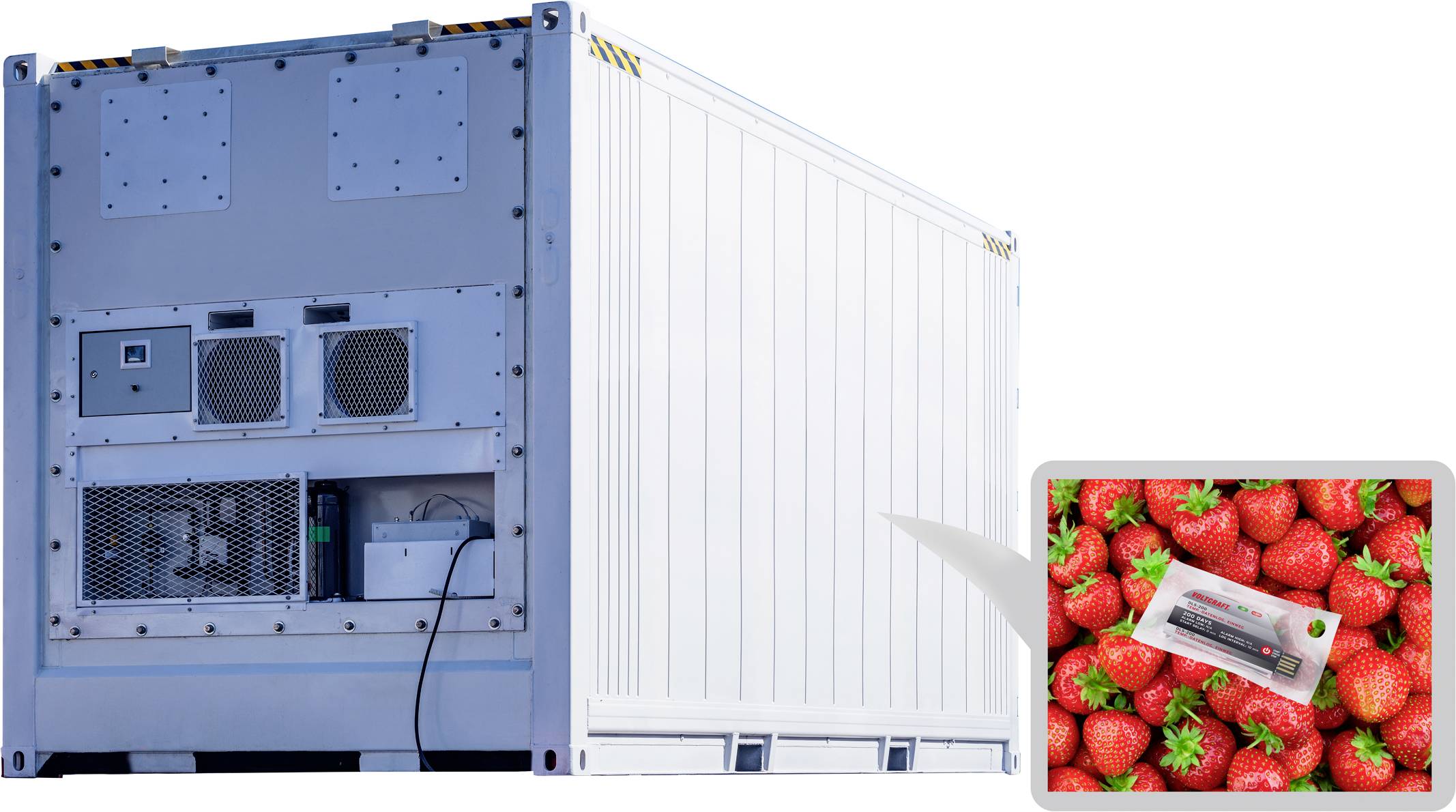 A white refrigerated container with an open rear section and technical equipment. Next to it, an image of fresh strawberries in packaging.