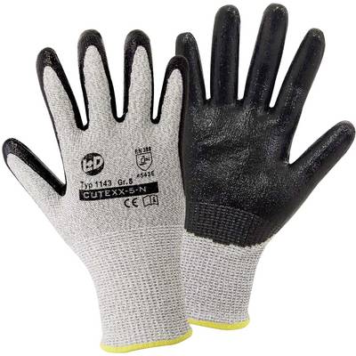 A pair of grey protective gloves with a black coating and printed text on the palm, including CE protection class.