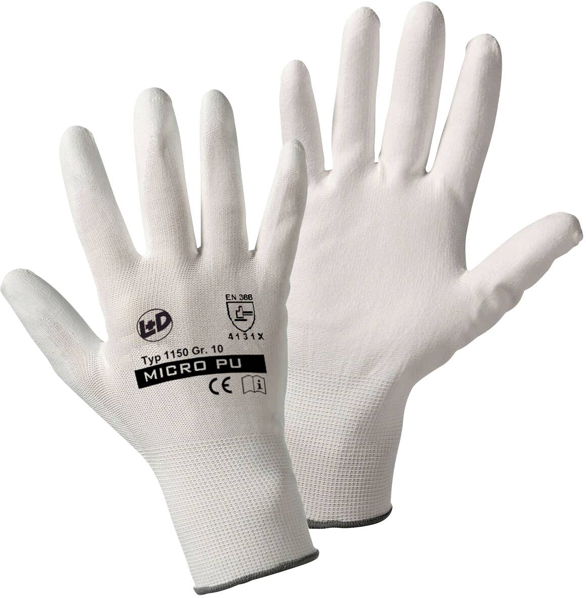 White microfibre work gloves with printed protective classes and CE marking, suitable for precision work.