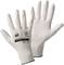 White microfibre work gloves with printed protective classes and CE marking, suitable for precision work.