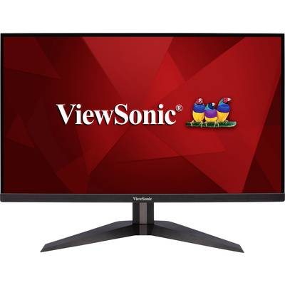 A computer monitor with a black frame displays the 'ViewSonic' logo and three colourful birds against a red background.