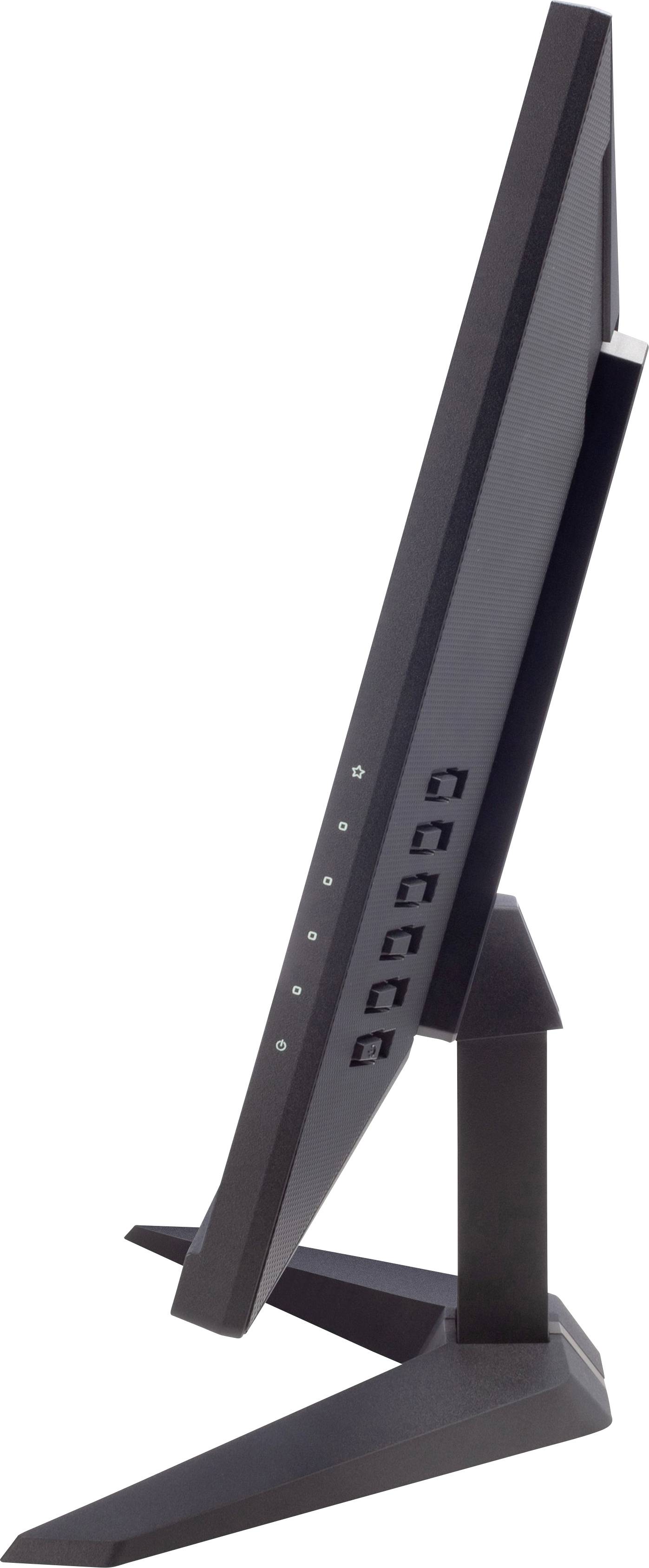 A side view of a black computer monitor with multiple buttons on the back of the frame, mounted on a sturdy stand.