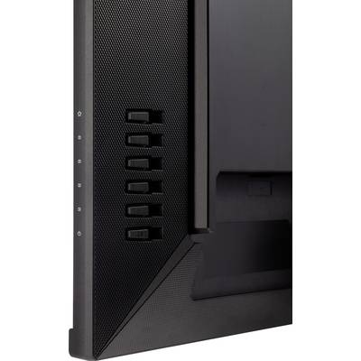 Side view of a monitor shows several buttons and symbols. Modern screen frame with a structured design.