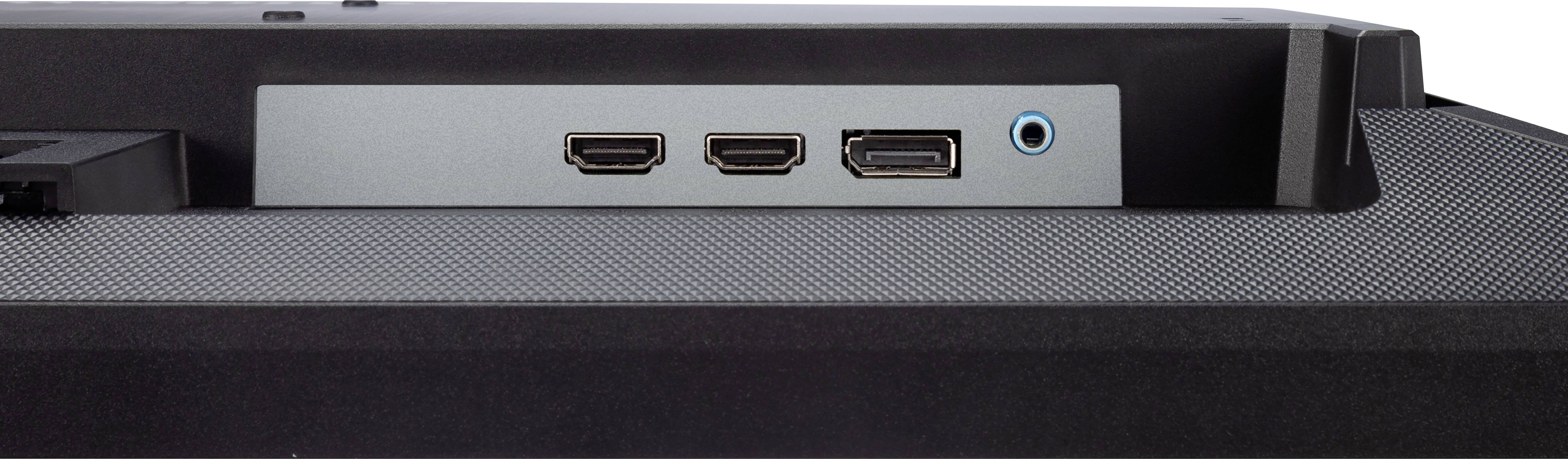 Back of a monitor with three ports: two HDMI and one DisplayPort, along with an audio jack.