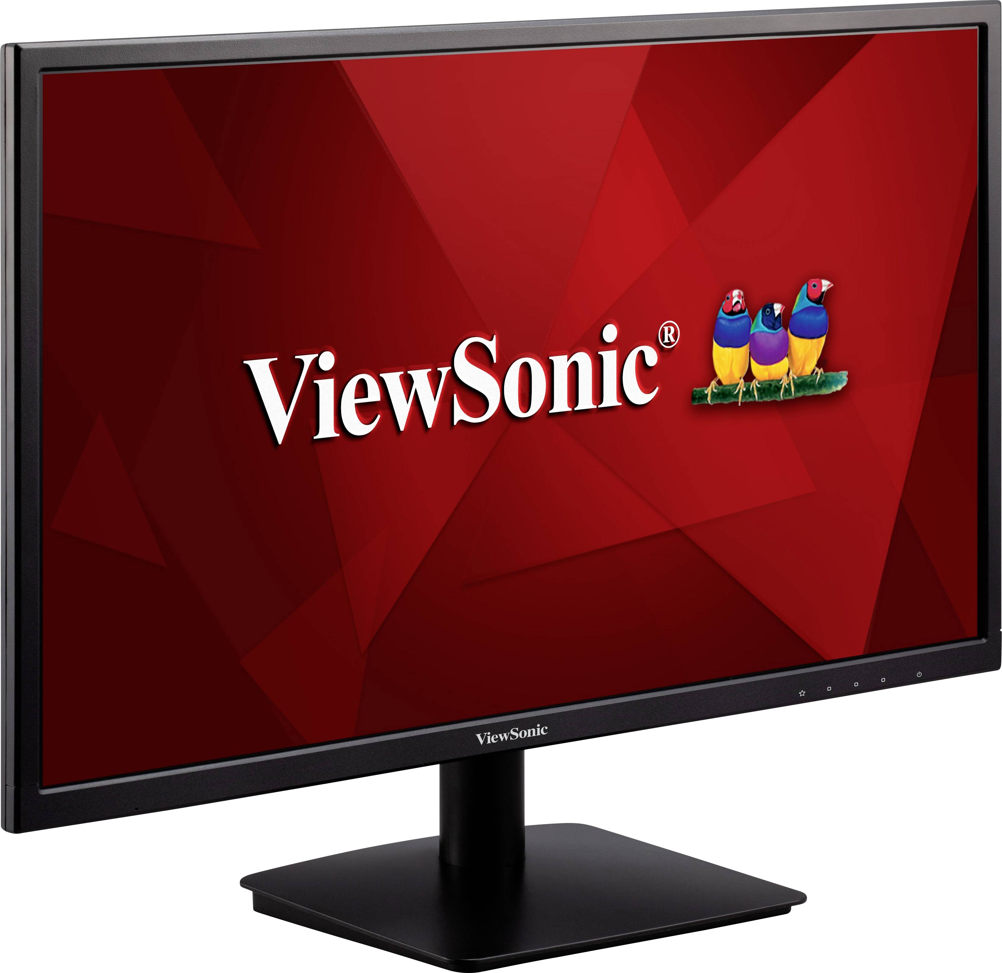 A computer screen with a red background, displaying the 'ViewSonic' logo and three colourful birds.