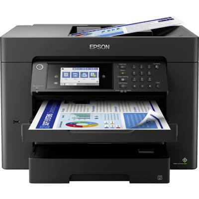 Black Epson printer printing a coloured document with graphics and diagrams. The display shows print options.