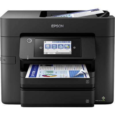 A black printer is printing a coloured document with graphics. Another document is located in the scanner above.
