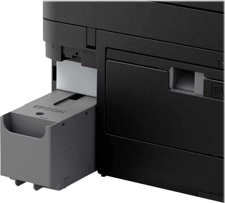 A grey paper output tray of a black printer is partially extended. Brand name visible on the drawer.