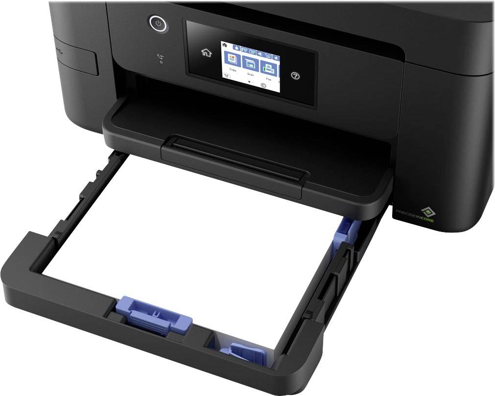 A inkjet printer with an open paper tray and display showing print options.