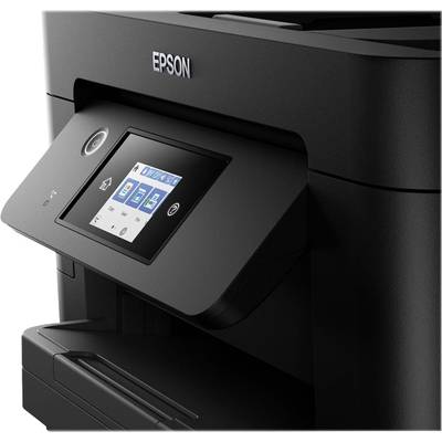 A black Epson printer with a digital colour screen displays icons for copying, scanning and Wi-Fi connection.