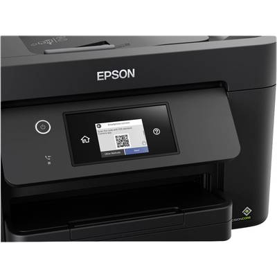 A black Epson printer with a digital display shows instructions for Wi-Fi connection with a QR code.