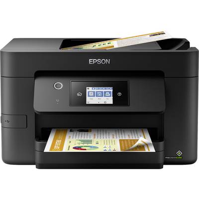 'Dark Epson printer with touchscreen and multi-coloured paper in the output tray. Another sheet is being drawn in from the top.'