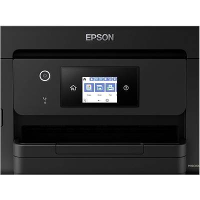 A black Epson printer with a touchscreen display showing options such as 'Copy', 'Scan', and 'Fax' on the front panel.