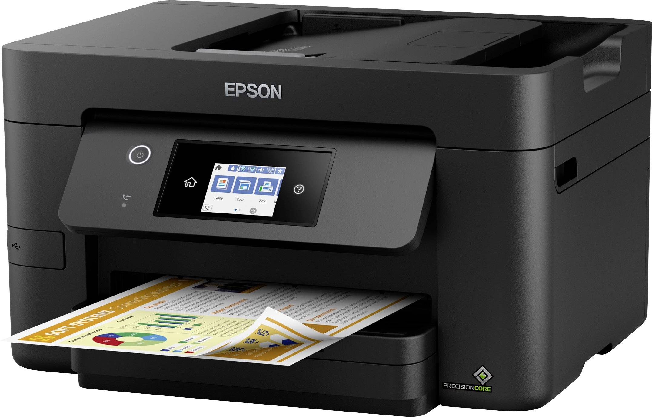 Black Epson printer on a desk, printing a colourful infographic. Focus on the LCD display and printed paper, modern design.