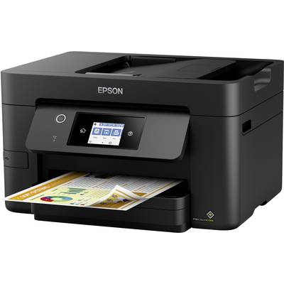 Black Epson printer on a desk, printing a colourful infographic. Focus on the LCD display and printed paper, modern design.