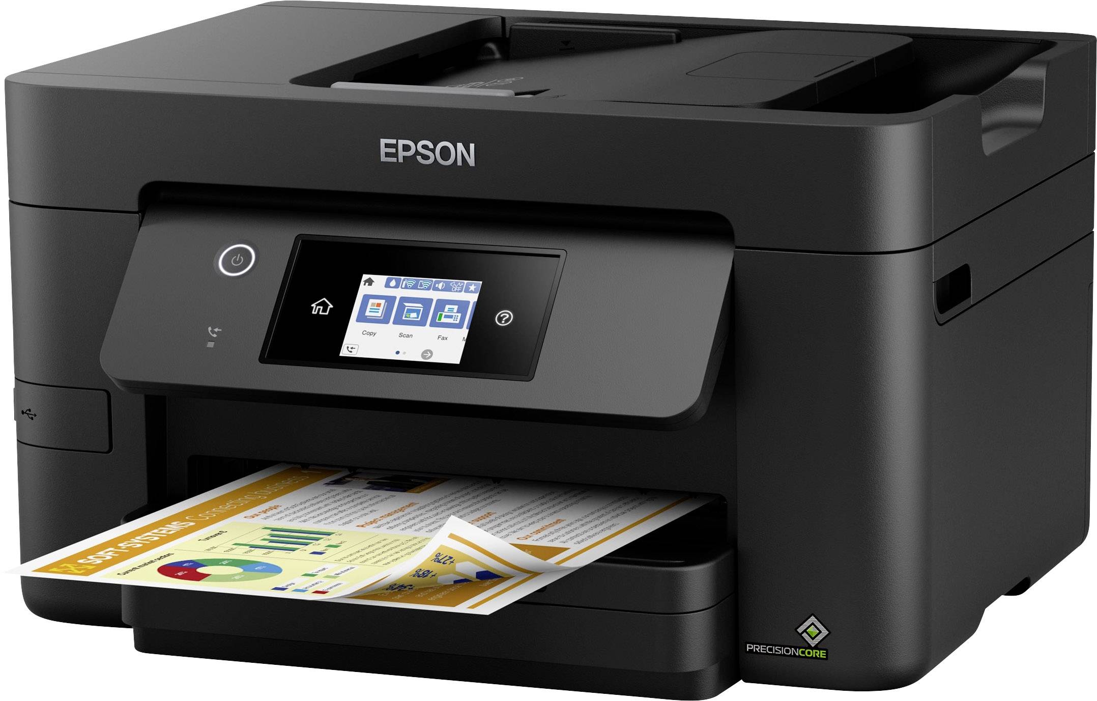 A black Epson printer with an LCD screen displays several symbols. A document with graphics is currently being printed.