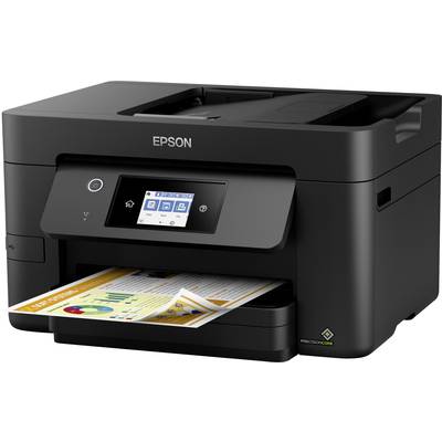 A black Epson printer with an LCD screen displays several symbols. A document with graphics is currently being printed.