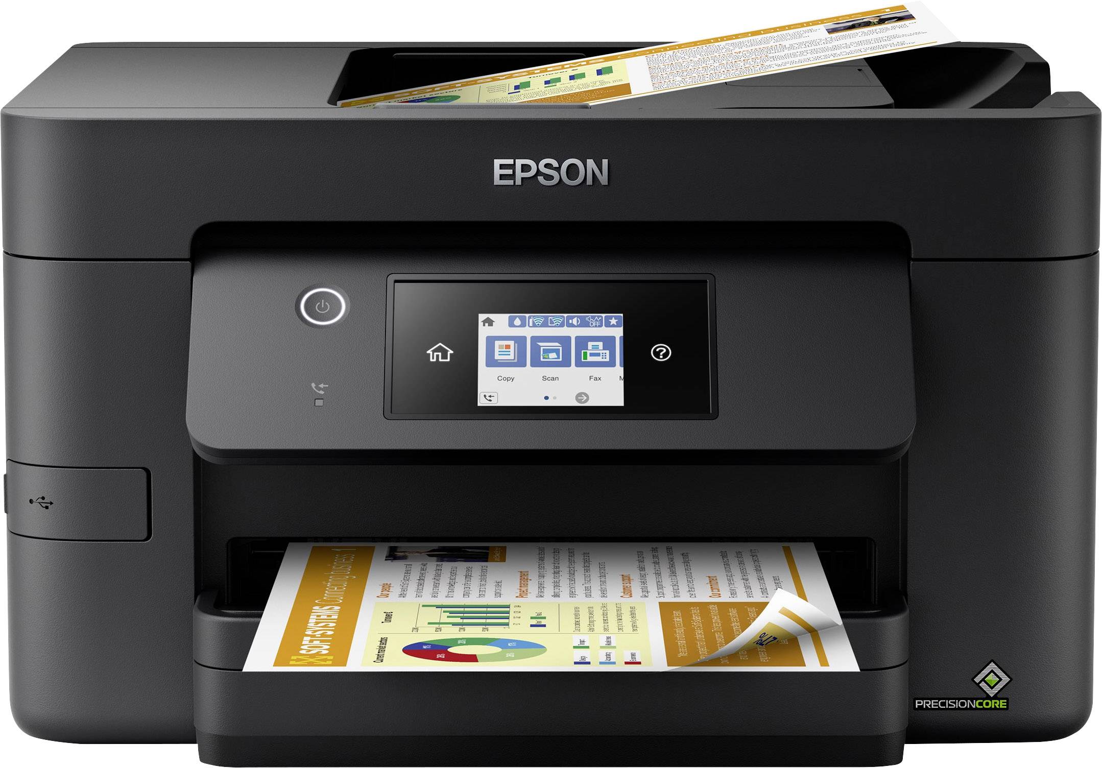 A black Epson printer is printing a document. The front panel shows control buttons and a digital display.