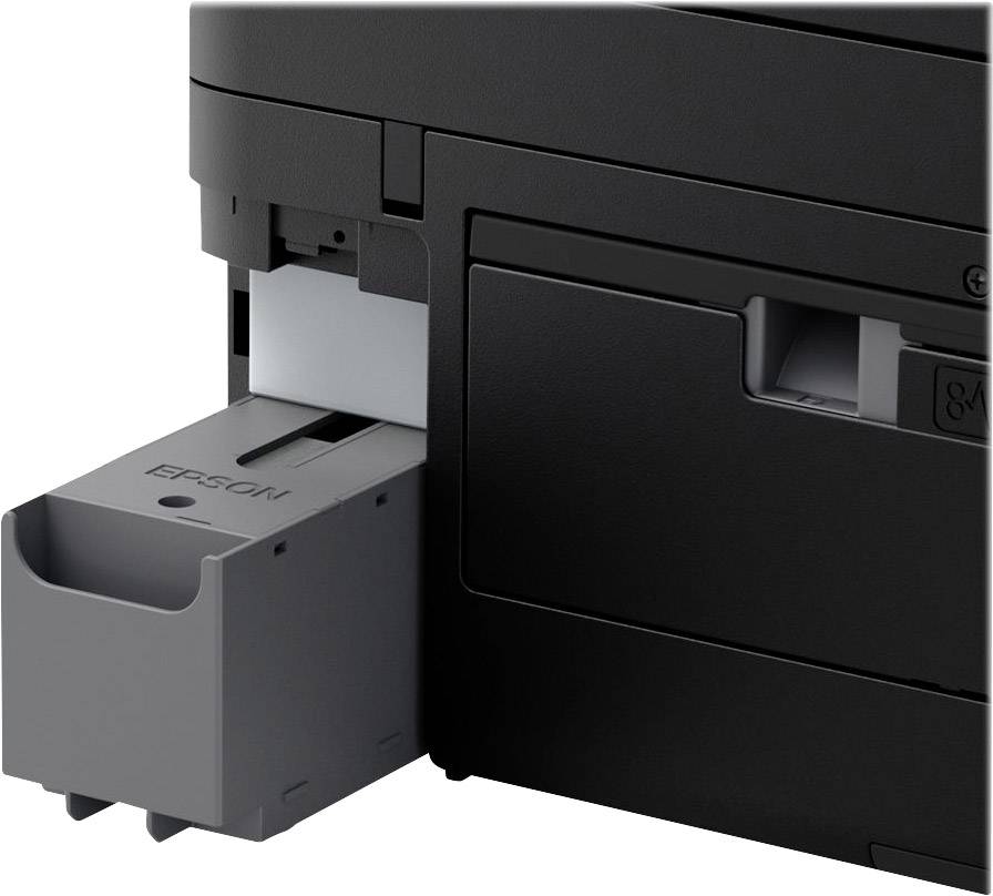 A grey paper output tray of a printer is partially pulled out. The printer is black. It appears to be a multifunction device.