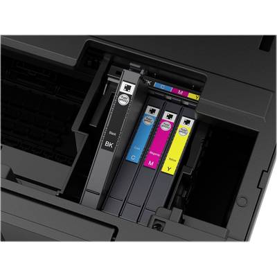 Printer with an open compartment displaying four ink cartridges: Black, Cyan, Magenta and Yellow, each labelled accordingly.