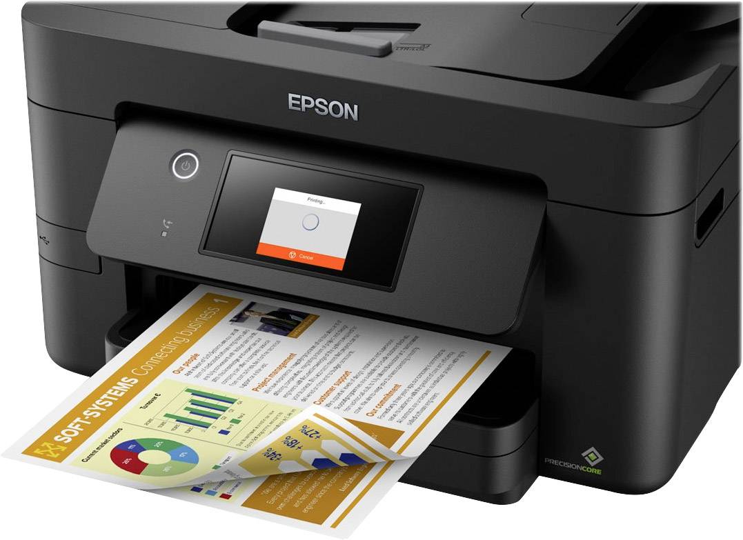 A black printer is printing a coloured document with diagrams and text, demonstrating current technical usage and printing services.