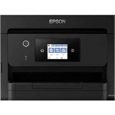 A black Epson printer with a digital touchscreen display showing options such as 'Copy', 'Scan', and 'Fax'.
