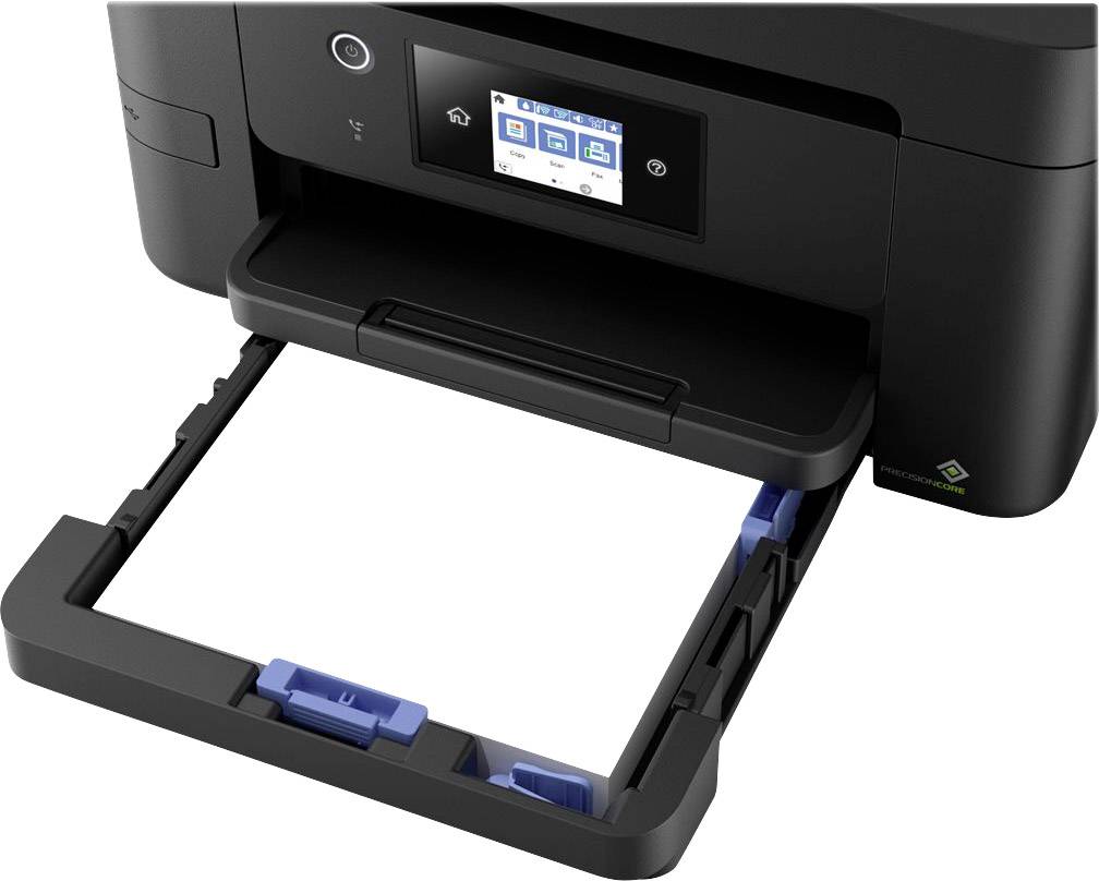 Black printer with open paper tray and digital display on the front.