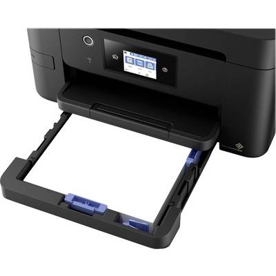 Black printer with open paper tray and digital display on the front.