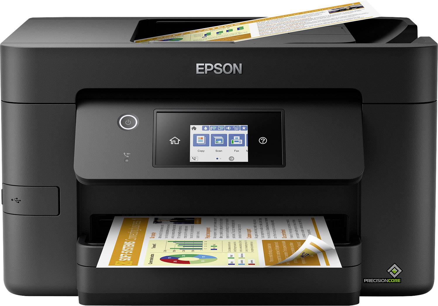 A black Epson printer is printing a document with coloured diagrams and text. The document contains yellow and orange elements.