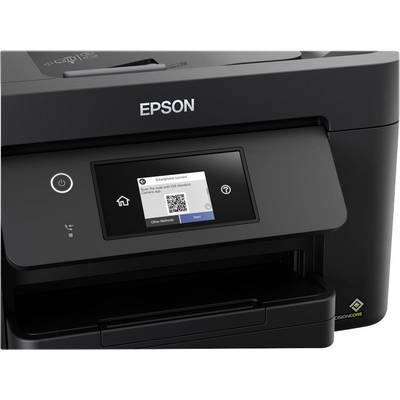 A black Epson printer with a touchscreen. A Wi-Fi connection message and a QR code are displayed on the screen.