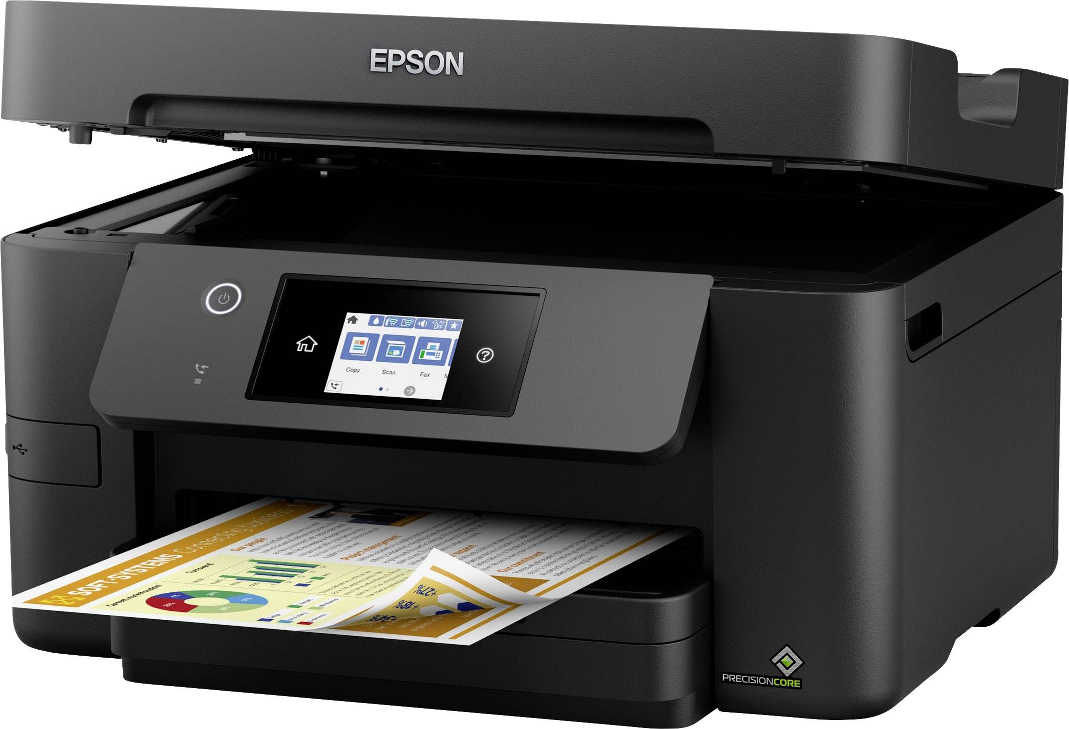 A black inkjet printer with a coloured touchscreen display is printing a sheet with graphics and text. Brand: Epson.