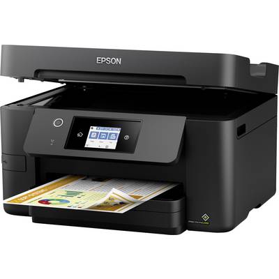 A black inkjet printer with a coloured touchscreen display is printing a sheet with graphics and text. Brand: Epson.